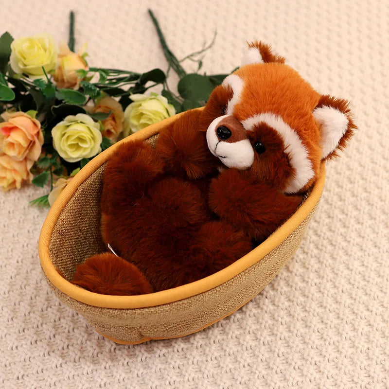 Dog(Poodle)/Red Panda In Basket Plush Toys 21cm - Brown/White/Grey