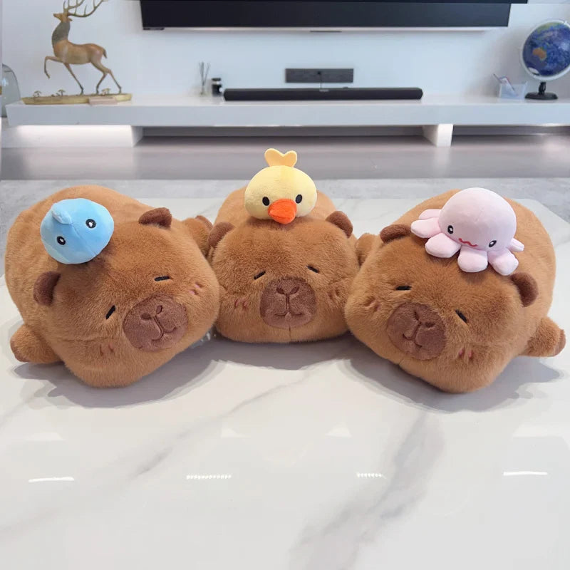 Cute Lying Capybara with Octopus/Wale/Duck on Head Plush Toys 32/42cm