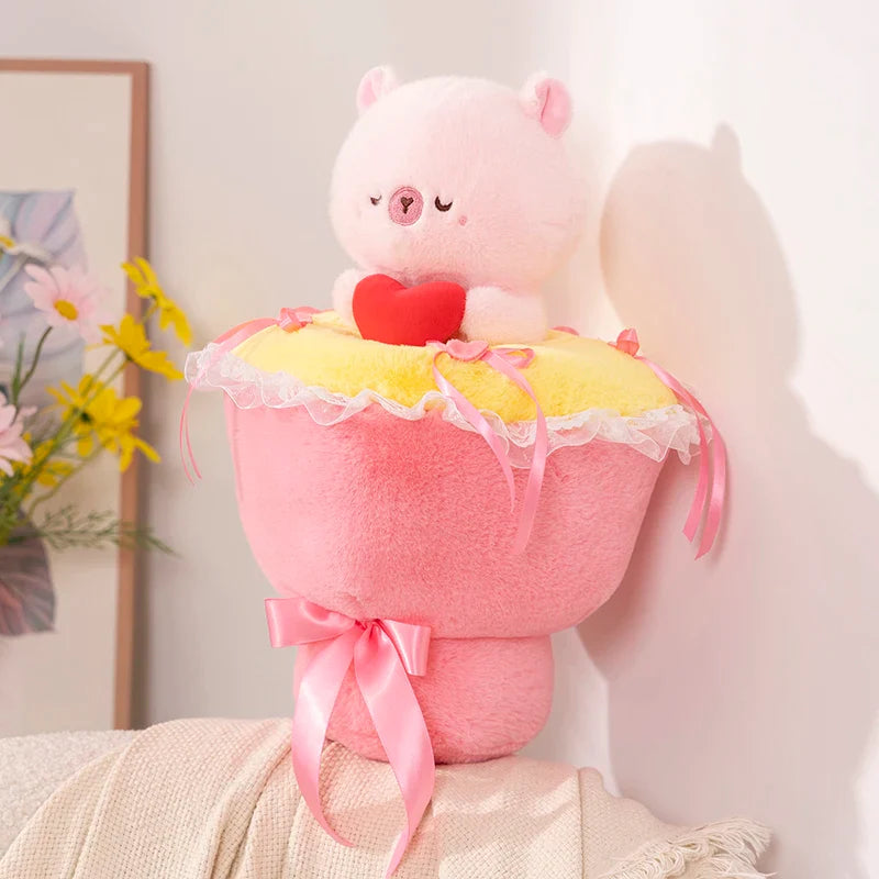 Cute Animal With Heart In Bouquet Plush Toys 40cm - Pig/Panda/Capybara