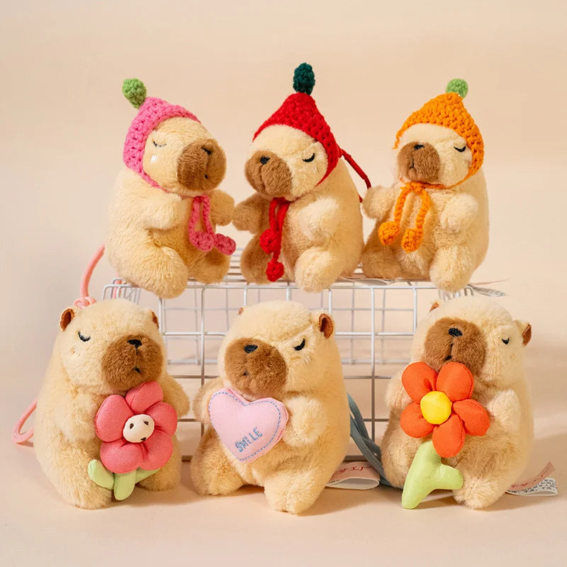 Cute Capybara With Flower/Heart/Hat Plush Keychains 13cm - 6 styles
