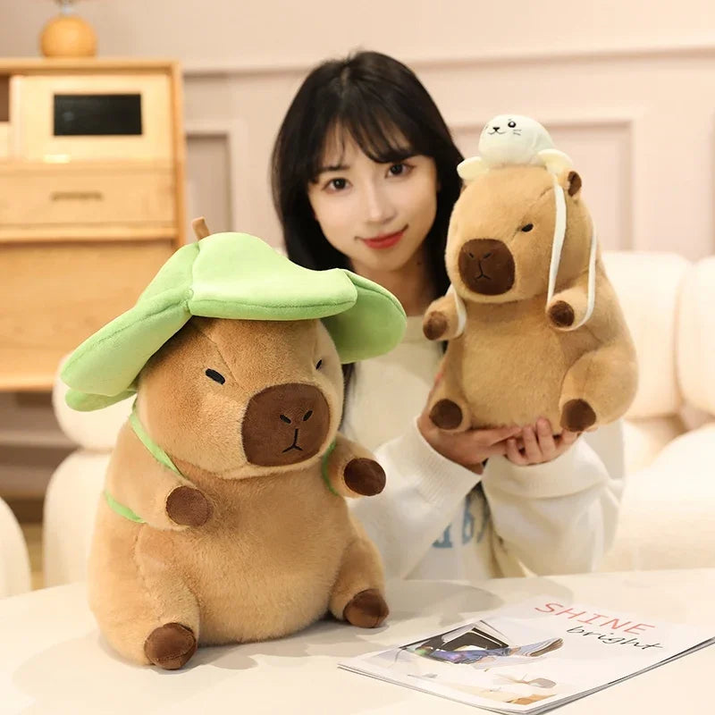Cute Capybara With Seal/Crocodile/Duck/Octopus/Shark Bag With/Without Flower Hat Plush Toys 20/30/40cm