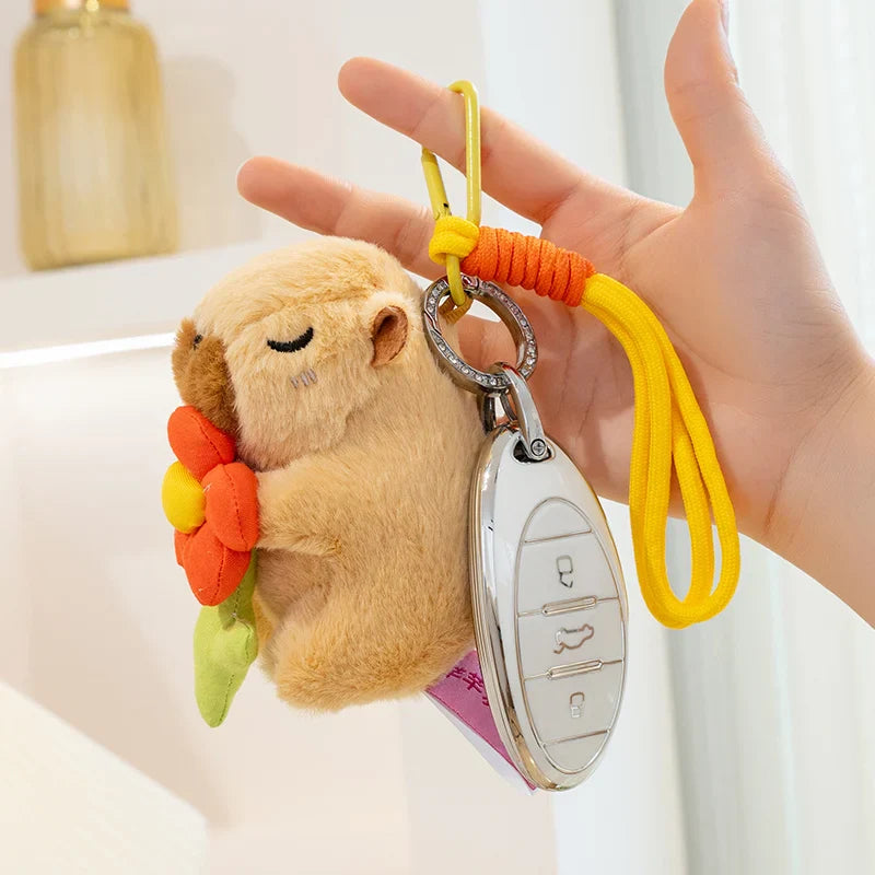 Cute Capybara With Flower/Heart/Hat Plush Keychains 13cm - 6 styles