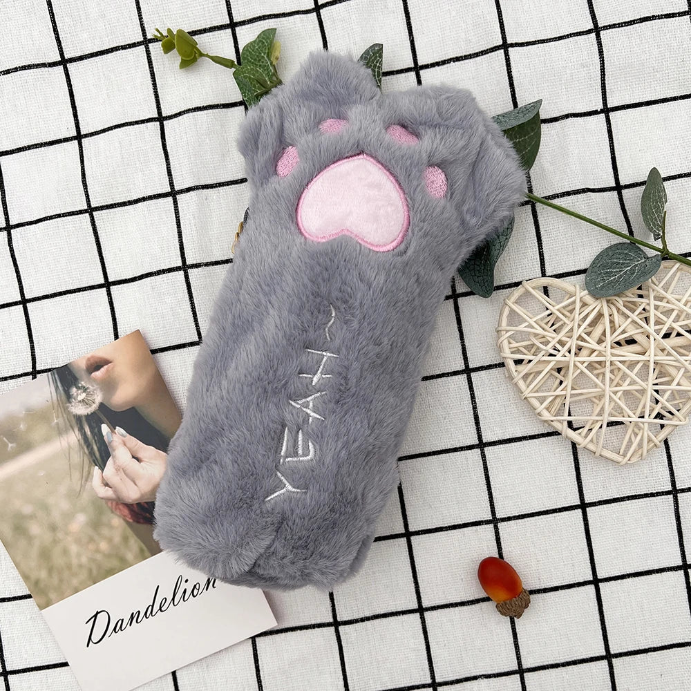 Cute Cat Paw Pencil Plush Bag (Pink/Grey/Brown) - 4 Styles