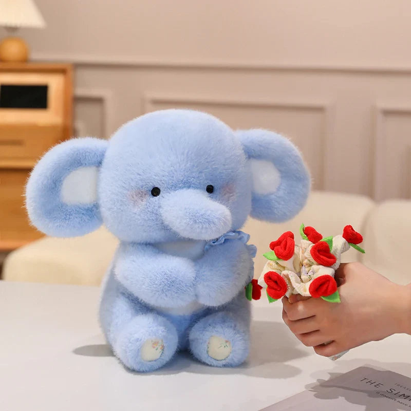 Cute Elephant With Rose Bouquet Plush Toys 30cm - White/Blue/Pink