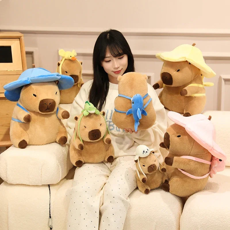 Cute Capybara With Seal/Crocodile/Duck/Octopus/Shark Bag With/Without Flower Hat Plush Toys 20/30/40cm