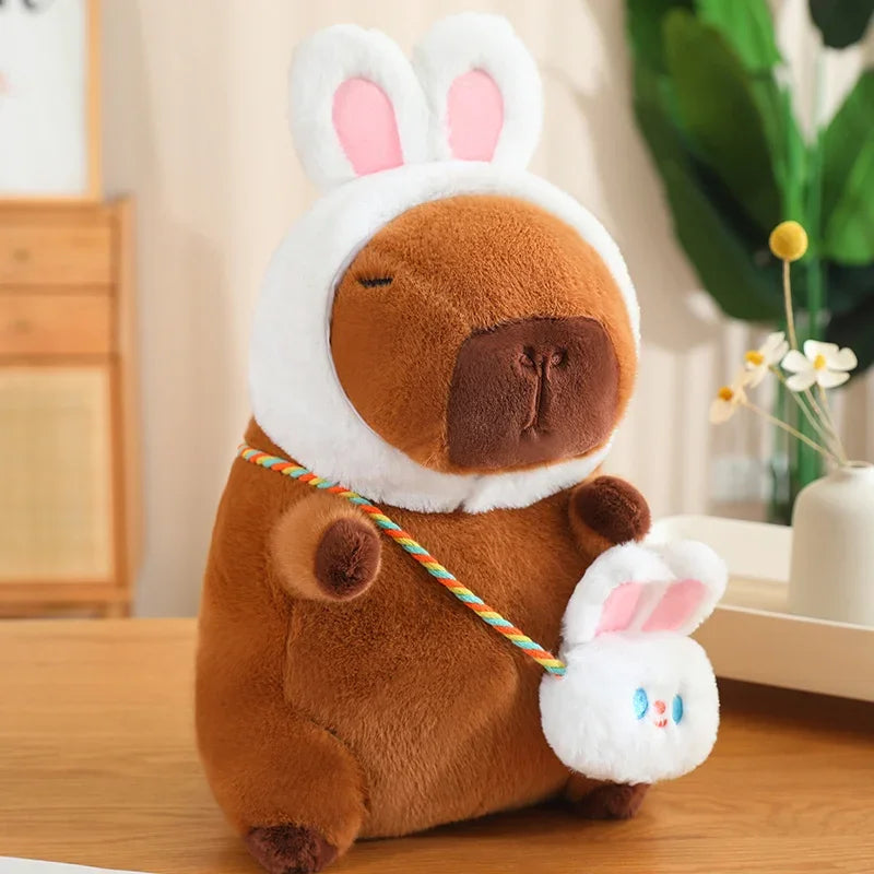 Capybara With Animal (Frog/Rabbit/Dinosaur/Dog) Hat and Bag Plush Toys 25/35/50cm