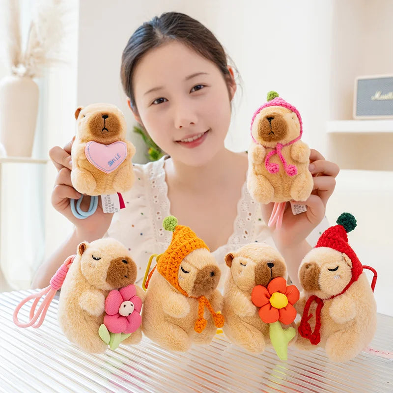 Cute Capybara With Flower/Heart/Hat Plush Keychains 13cm - 6 styles