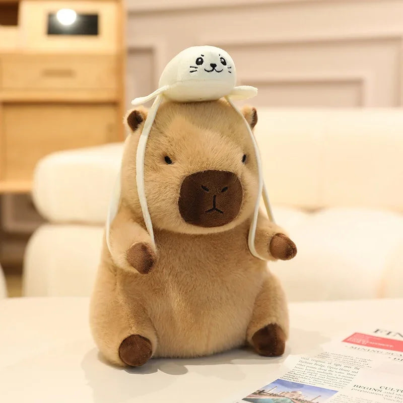 Cute Capybara With Seal/Crocodile/Duck/Octopus/Shark Bag With/Without Flower Hat Plush Toys 20/30/40cm