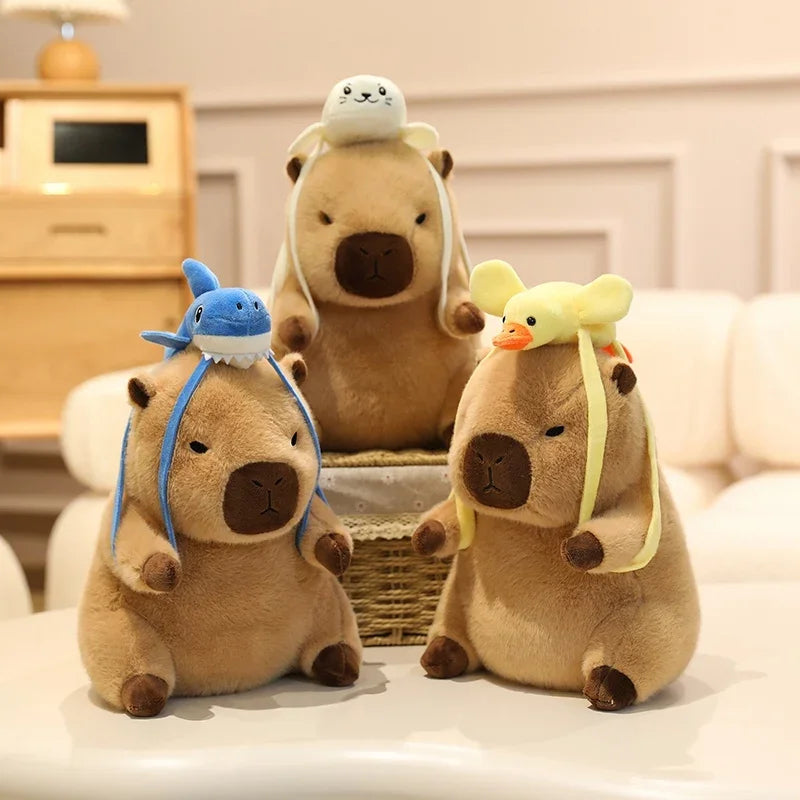 Cute Capybara With Seal/Crocodile/Duck/Octopus/Shark Bag With/Without Flower Hat Plush Toys 20/30/40cm