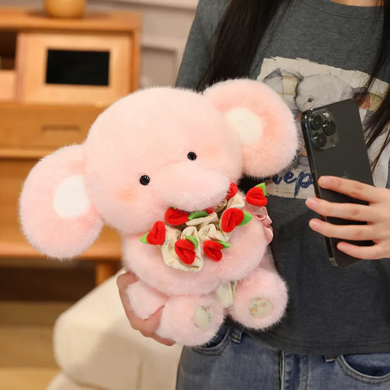 Cute Elephant With Rose Bouquet Plush Toys 30cm - White/Blue/Pink