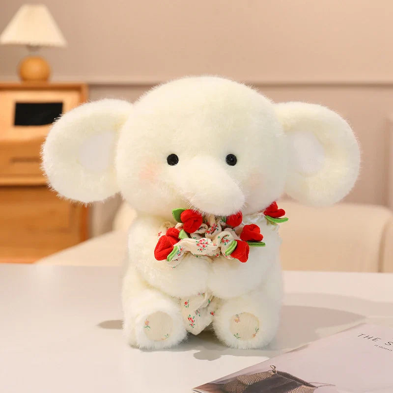 Cute Elephant With Rose Bouquet Plush Toys 30cm - White/Blue/Pink