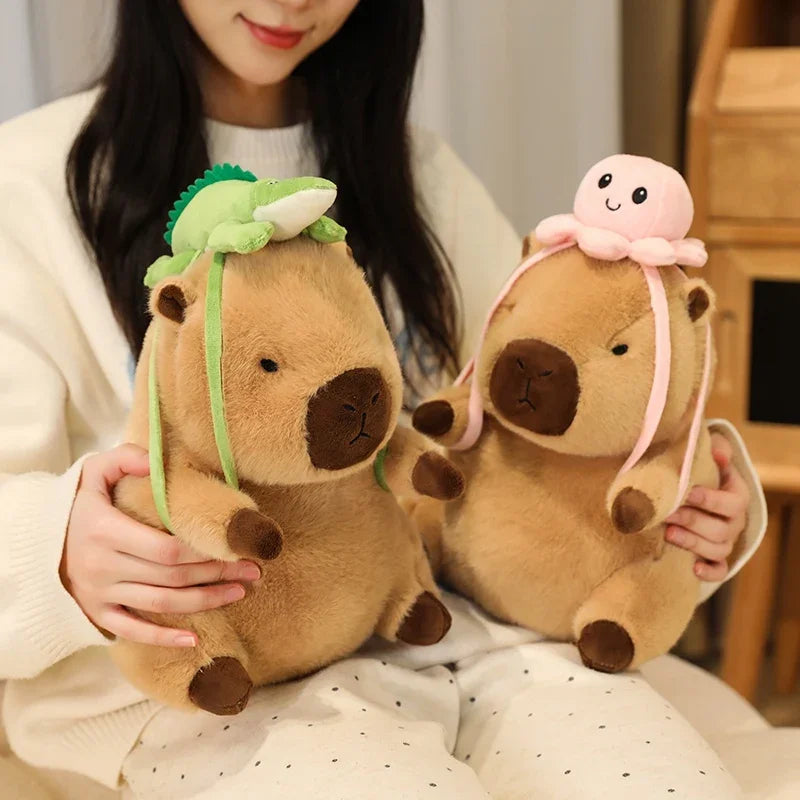 Cute Capybara With Seal/Crocodile/Duck/Octopus/Shark Bag With/Without Flower Hat Plush Toys 20/30/40cm