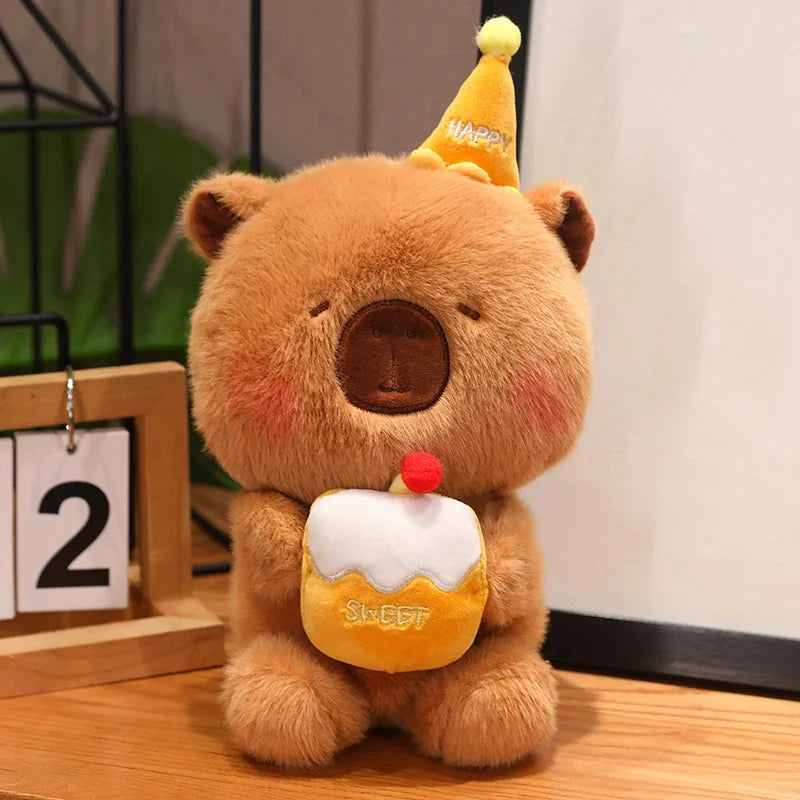 Cute White Bear/Capybara With Happy Birthday Hat And Cake Plush Toys 22cm - 4 Styles