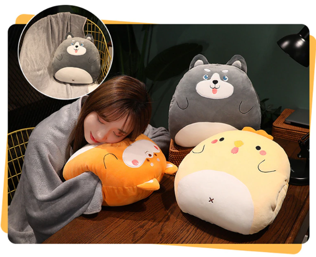 Animal (Dinosaur/Duck/Rabbit/Dogs/Chick/Cat/Pig) Squishy Hand Warmer Plush Toys with Blanket