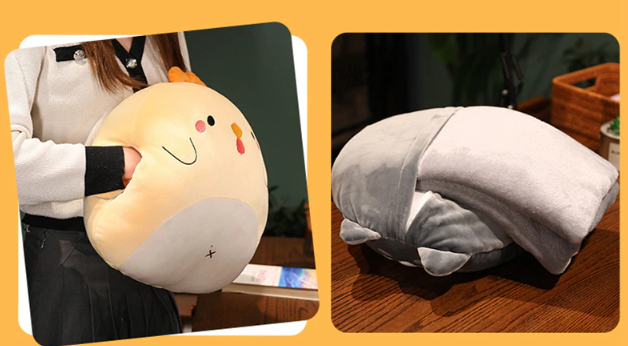 Animal (Dinosaur/Duck/Rabbit/Dogs/Chick/Cat/Pig) Squishy Hand Warmer Plush Toys with Blanket