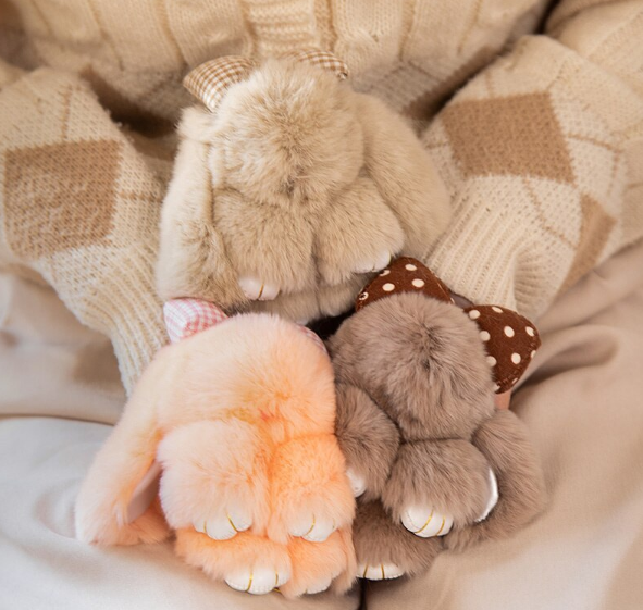 Bunny With Bow Plush Keychains (Green/White/Grey/Pink/Brown)- 8 Styles