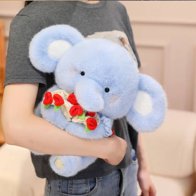Cute Elephant With Rose Bouquet Plush Toys 30cm - White/Blue/Pink