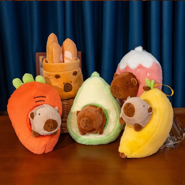 Cute Capybara With Avocado/Banana/Carrot/Strawberry/Baguette Plush Toys 25cm
