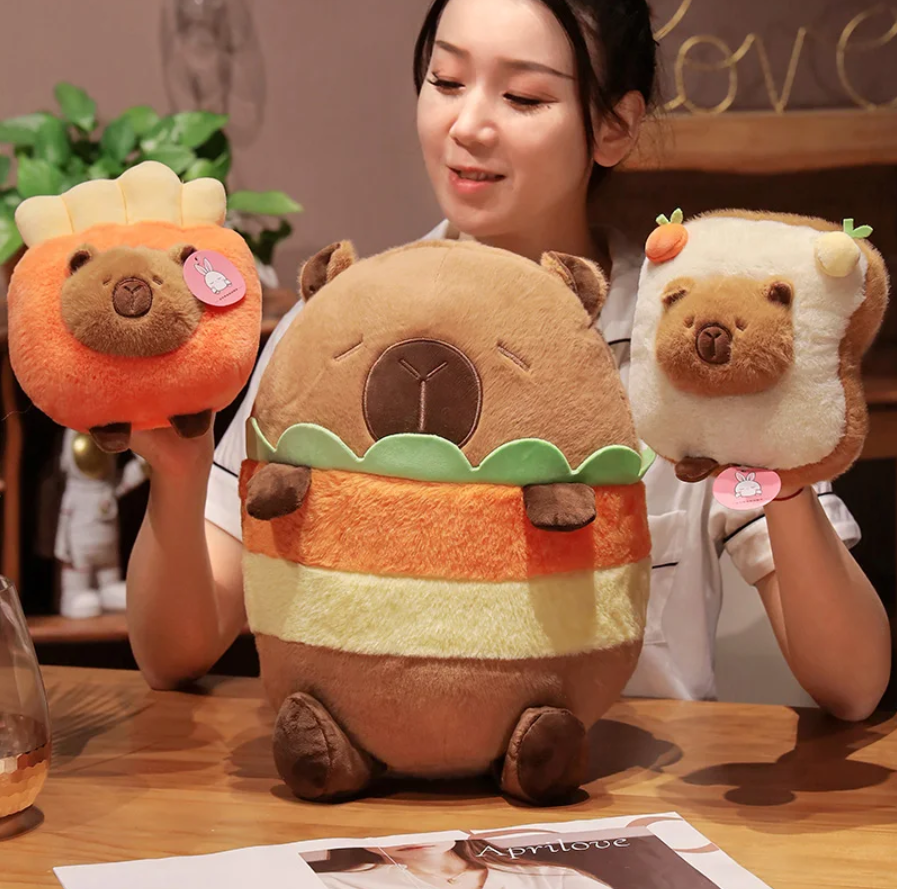 Cute Capybara With Food (Toast/Chips/Hamburger) Dress Up Plush Toys