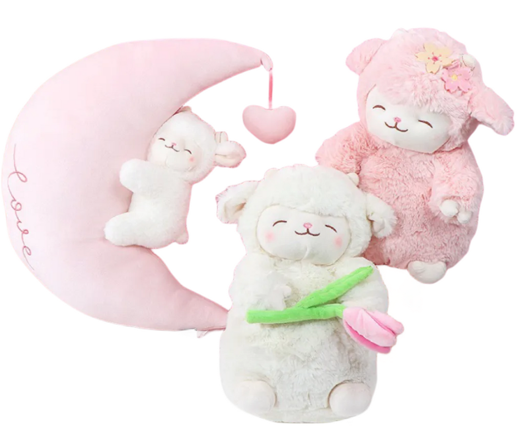 Smiling Sheep/Lamb With Fruit Dress Up/With Flower/With Moon Plush Toys- White/Pink