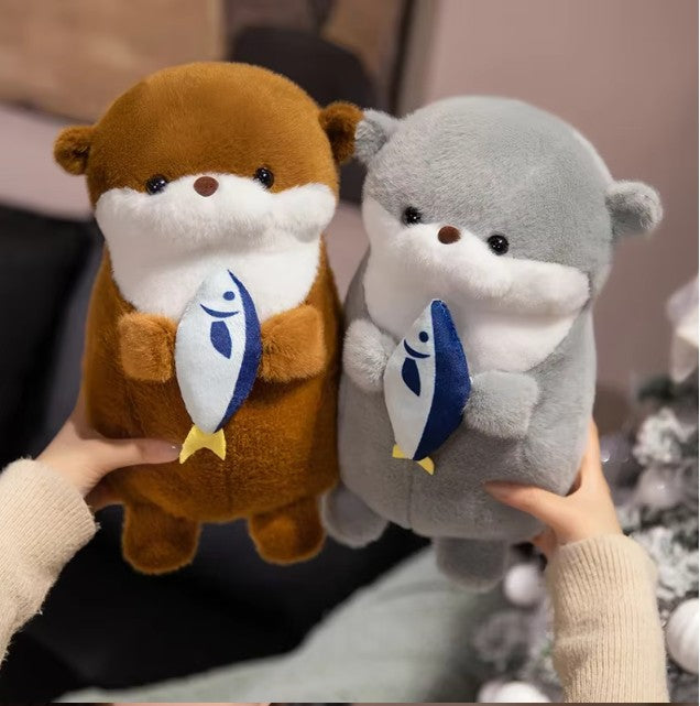 Cute Otter With Fish Plush Plush Toys 30/40cm - Brown/Grey