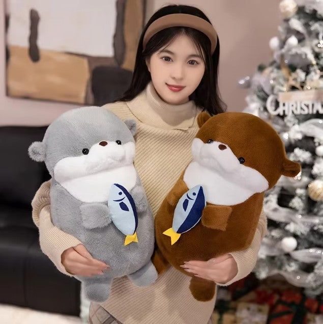 Cute Otter With Fish Plush Plush Toys 30/40cm - Brown/Grey