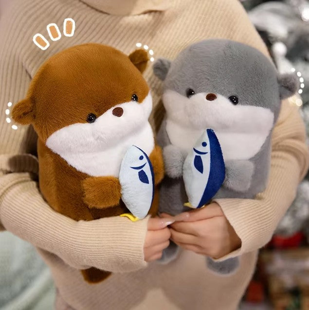 Cute Otter With Fish Plush Plush Toys 30/40cm - Brown/Grey
