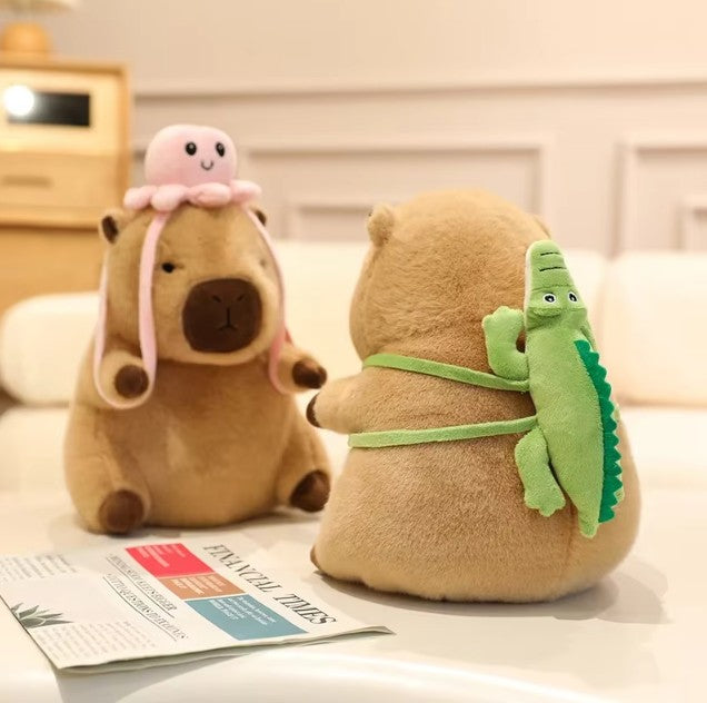 Cute Capybara With Seal/Crocodile/Duck/Octopus/Shark Bag With/Without Flower Hat Plush Toys 20/30/40cm
