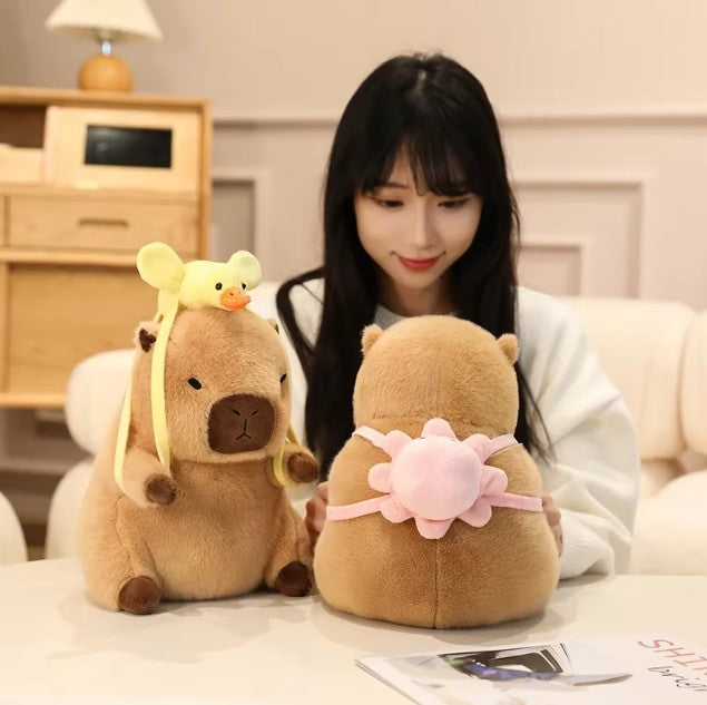Cute Capybara With Seal/Crocodile/Duck/Octopus/Shark Bag With/Without Flower Hat Plush Toys 20/30/40cm
