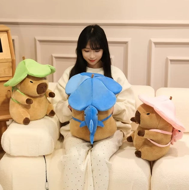 Cute Capybara With Seal/Crocodile/Duck/Octopus/Shark Bag With/Without Flower Hat Plush Toys 20/30/40cm