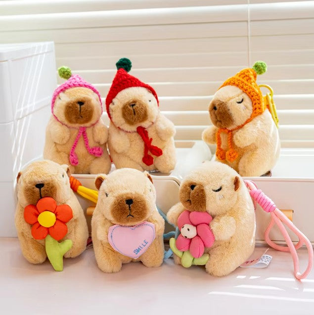 Cute Capybara With Flower/Heart/Hat Plush Keychains 13cm - 6 styles