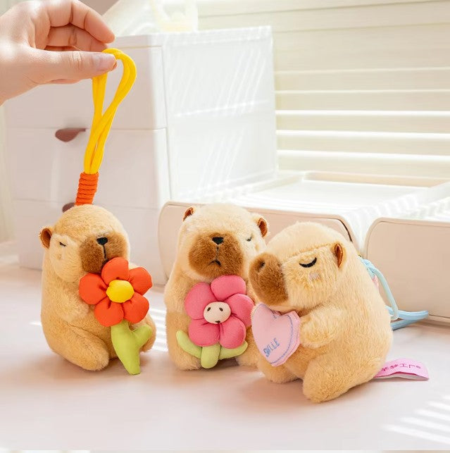 Cute Capybara With Flower/Heart/Hat Plush Keychains 13cm - 6 styles