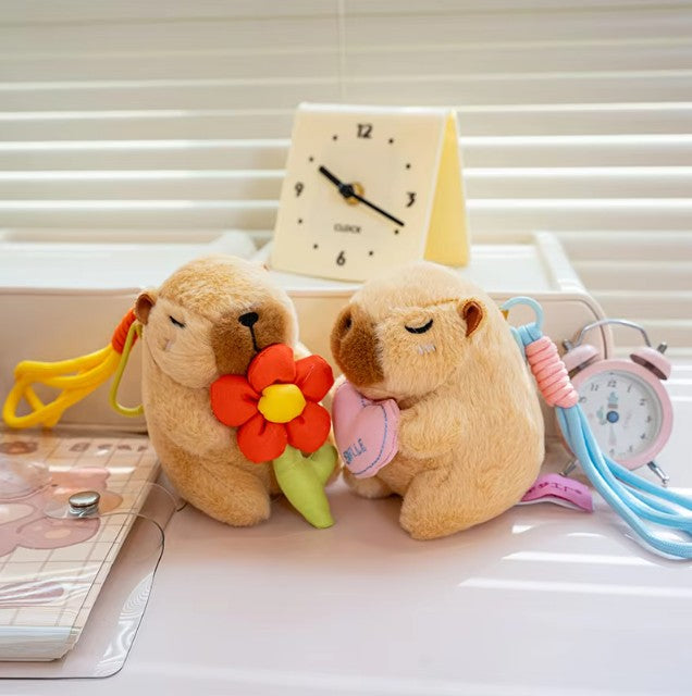 Cute Capybara With Flower/Heart/Hat Plush Keychains 13cm - 6 styles