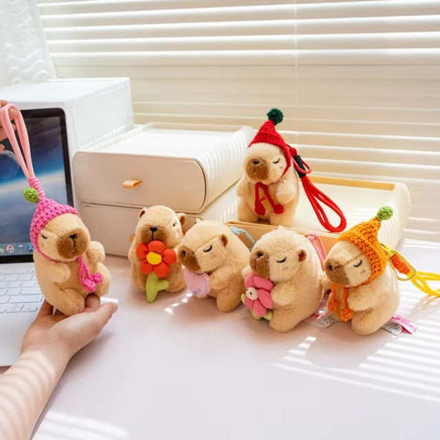 Cute Capybara With Flower/Heart/Hat Plush Keychains 13cm - 6 styles