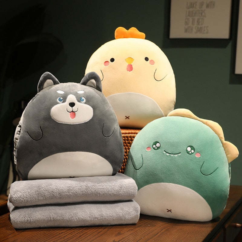 Animal (Dinosaur/Duck/Rabbit/Dogs/Chick/Cat/Pig) Squishy Hand Warmer Plush Toys with Blanket